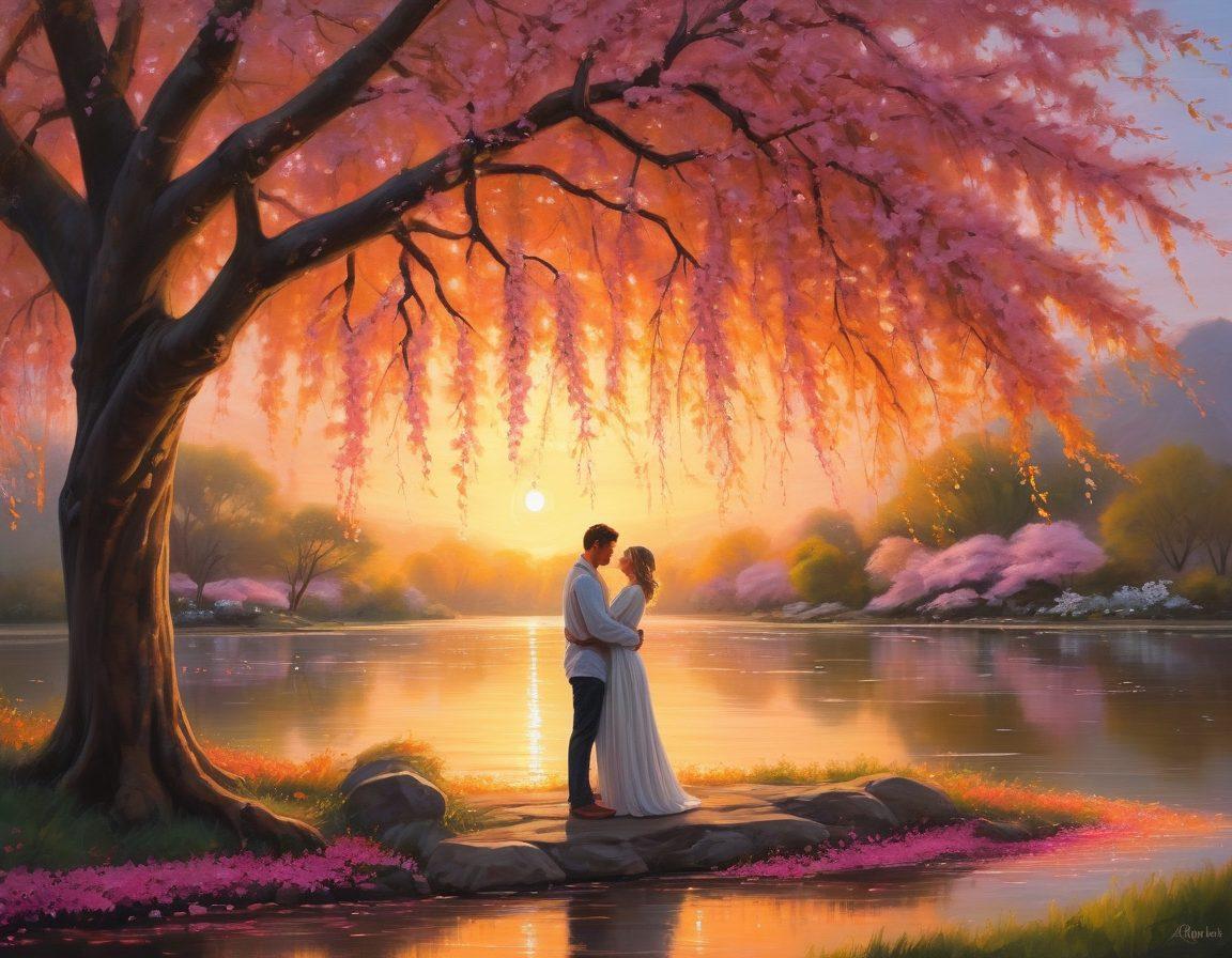 A serene scene of a couple embracing under a willow tree, surrounded by soft glowing lanterns and falling cherry blossom petals. Their expressions radiate warmth and deep connection, symbolizing devotion and true love. In the background, a peaceful sunset bathes the scene in golden hues. The atmosphere is romantic and inviting. vibrant colors. painting.
