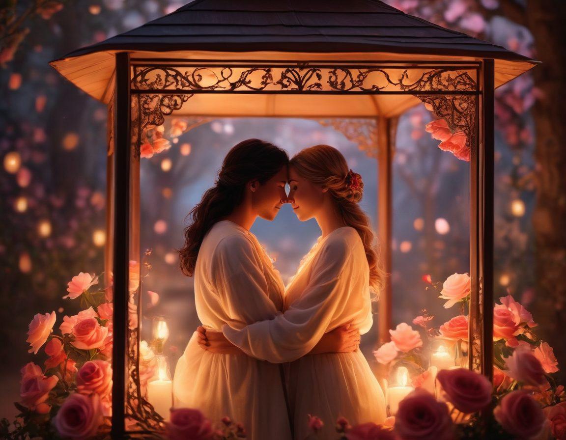A warm, intimate scene of two people sharing a heartfelt embrace under a softly lit lantern in a cozy setting. Surround them with delicate roses and a gentle breeze that carries petals, symbolizing love and connection. Incorporate subtle glowing hearts in the background to enhance the romantic atmosphere. Capture the tenderness and warmth in their expressions. super-realistic. vibrant colors. soft focus.