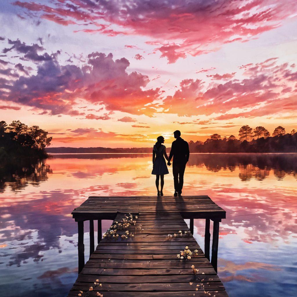 A picturesque sunset over a serene lake, symbolizing deep emotional connection. Two silhouettes of lovers holding hands on a wooden pier, surrounded by blooming flowers and gentle ripples in the water. Soft, warm colors radiate from the sky reflecting on the water, creating a romantic ambiance. Include whimsical heart-shaped clouds floating above. dreamy watercolor style. vibrant colors.